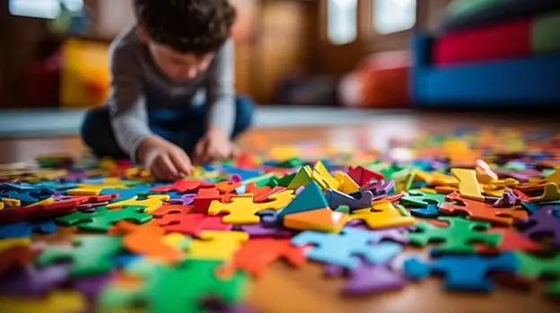 Child looking at a puzzle wall